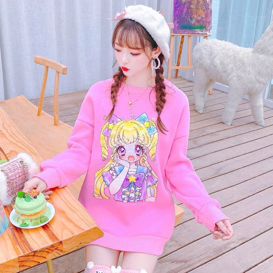 Winter heavy-duty studded Sailor Moon velvet thickened sweatshirt for women, lazy style, loose and slim, mid-length top