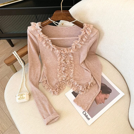 Pure Desire French Lace Pink Knitwear Women's Autumn and Winter Short Irregular Irregular Bottoming Shirt for Women