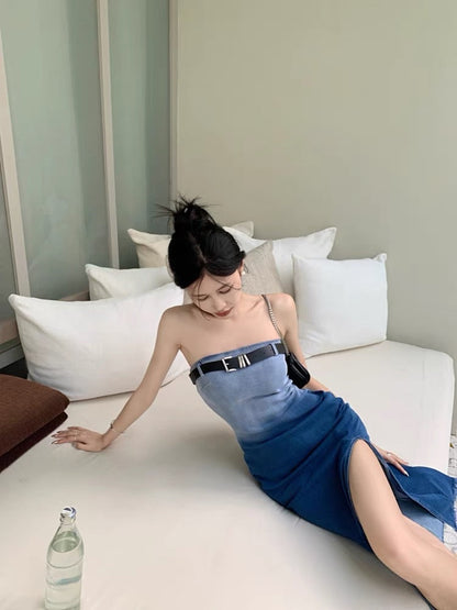 Gradient color denim tube top dress female summer high-end pure desire hot girl sexy bag hip slit sleeveless skirt