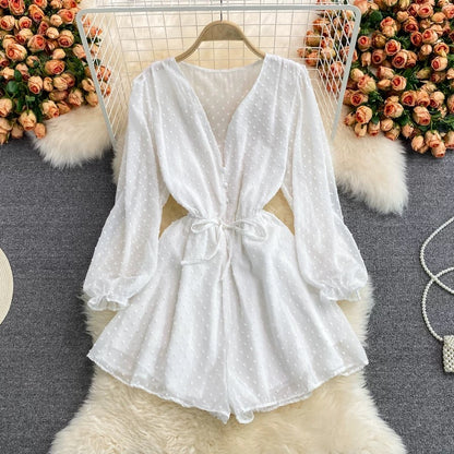 Summer new fashion loose v-neck single-breasted waist strap chiffon puff sleeve jumpsuit wide-leg shorts trend