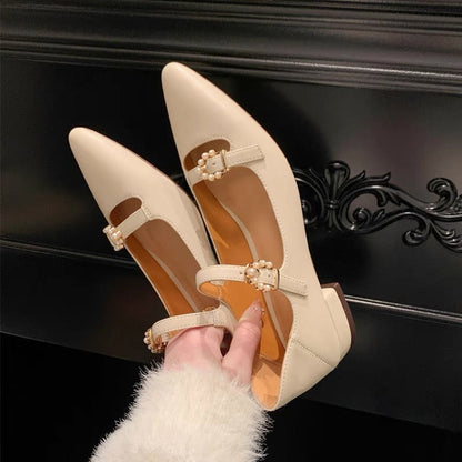 Girl Twin Flowers!  Low-heeled Mary Jane shoes pointed toe spring and autumn temperament shallow mouth single shoes square toe chunky heel ladies shoes