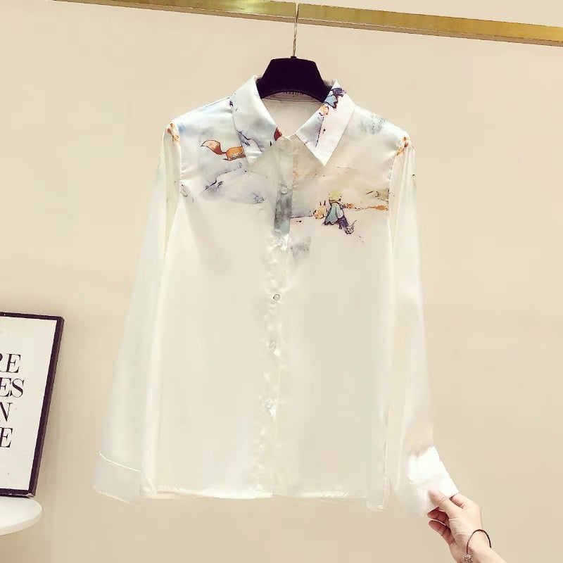 High-end acetate satin flower shirt femininity foreign style silk chiffon long-sleeved top early autumn design sense niche