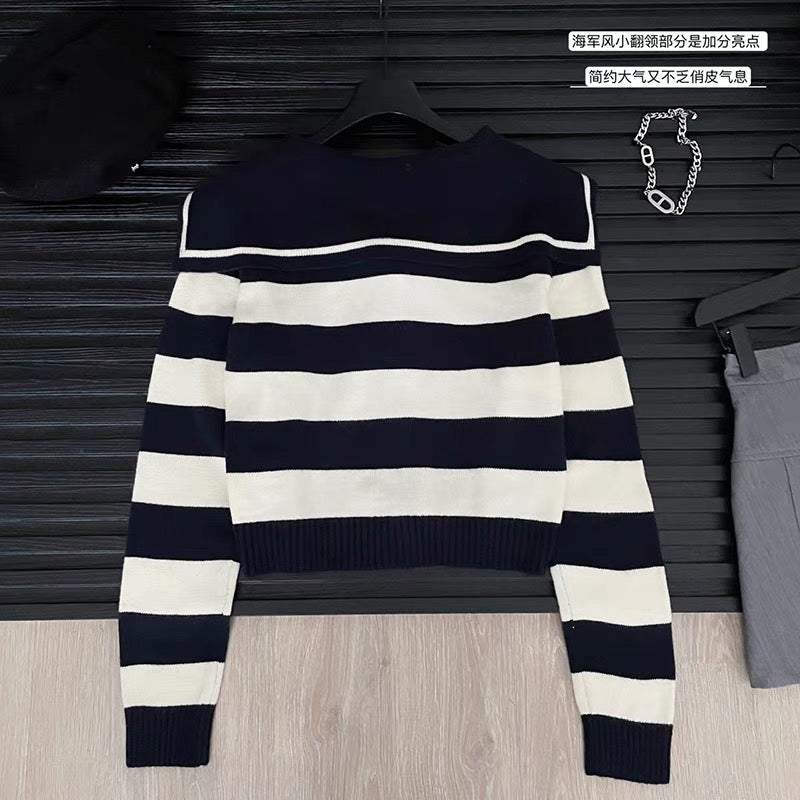 Navy collar striped sweater women's spring and autumn 2023 new autumn tops college style long-sleeved pullover sweater