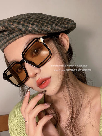 2023 Spring and Summer New Brown Sunglasses Female Ins Retro Korean Fashion Simple Big Frame Suyan Street Shooting Sunglasses