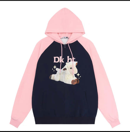 Sanowers cartoon cute lamb print cardigan hooded sweatshirt autumn loose couple raglan sleeve hoodie jacket (S0662)