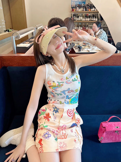 Thebestxue2023 Korean fashion hot girl age reduction hand-painted letters graffiti craft tight vest female summer