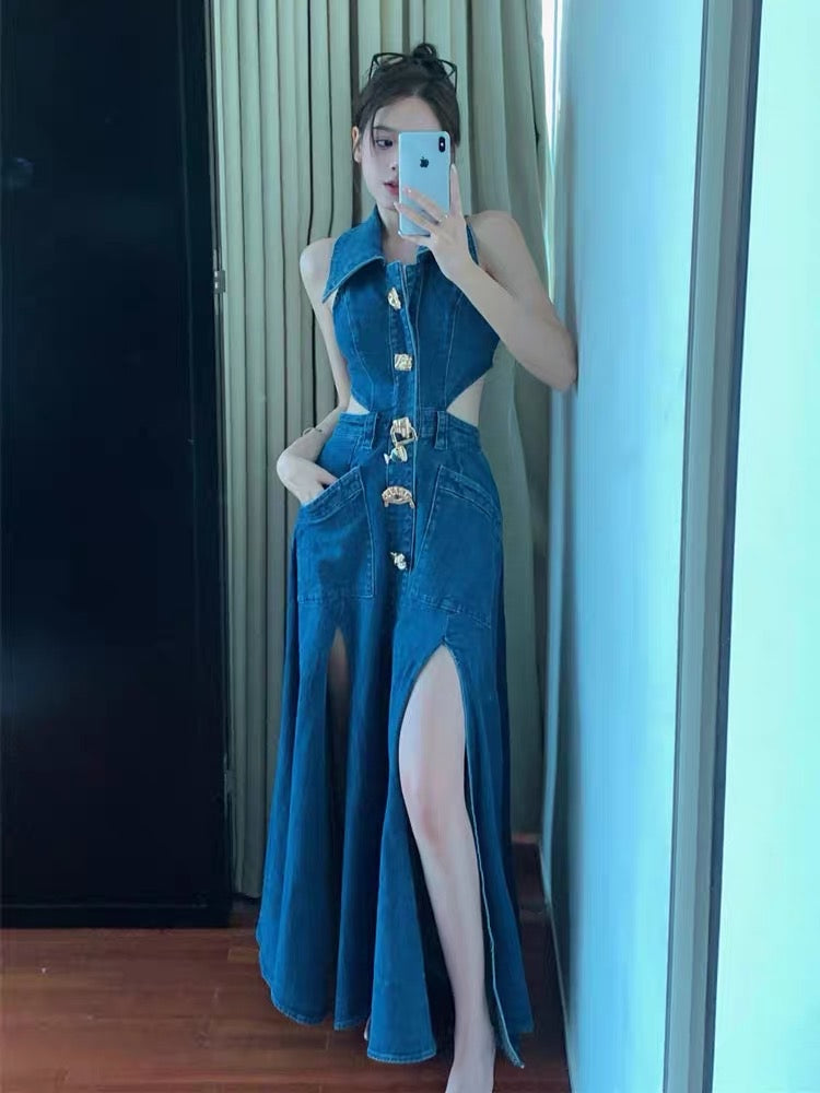 French retro sleeveless denim dress women's summer temperament high-end sexy hollow out waist slit unique long skirt