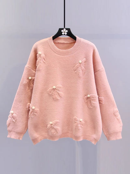 Bow red sweater for women autumn and winter 2023 new Korean style loose lazy style soft waxy western style sweater top (S3336