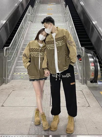 Autumn and winter brown suede jacket men's trendy brand retro design embroidery loose couple outfit baseball jacket spring