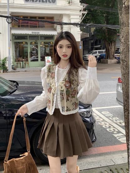 Retro embroidery lace straps high-end waistcoat long-sleeved shirt women's autumn 2023 new fashion suit