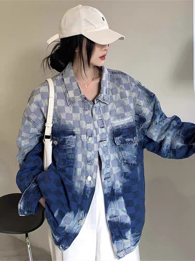 American retro high street gradient checkerboard denim jacket female spring and autumn high-quality niche jacket top small man