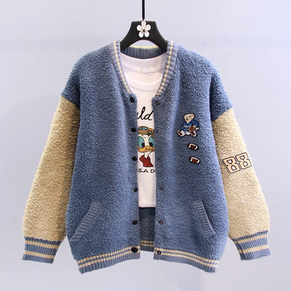 Cartoon sherpa color-blocked sweater jacket for women autumn and winter 2023 new baseball uniform loose outer wear knitted cardigan