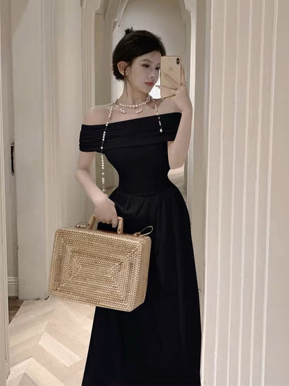 French niche Hepburn style babes one word strapless tube top dress female summer senior sexy waist temperament long skirt