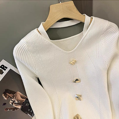 2023 new autumn style high-end temperament slim halterneck V-neck sweater women's short bottoming shirt chic top (B2211)