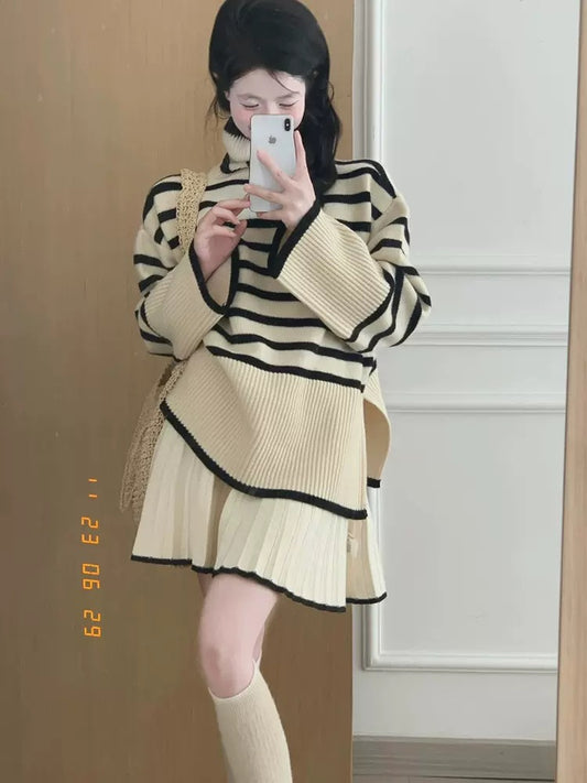 Contrast color striped loose and slim turtleneck long-sleeved sweater for women 23 autumn and winter new style side slit with inner knitted sweater top T9699