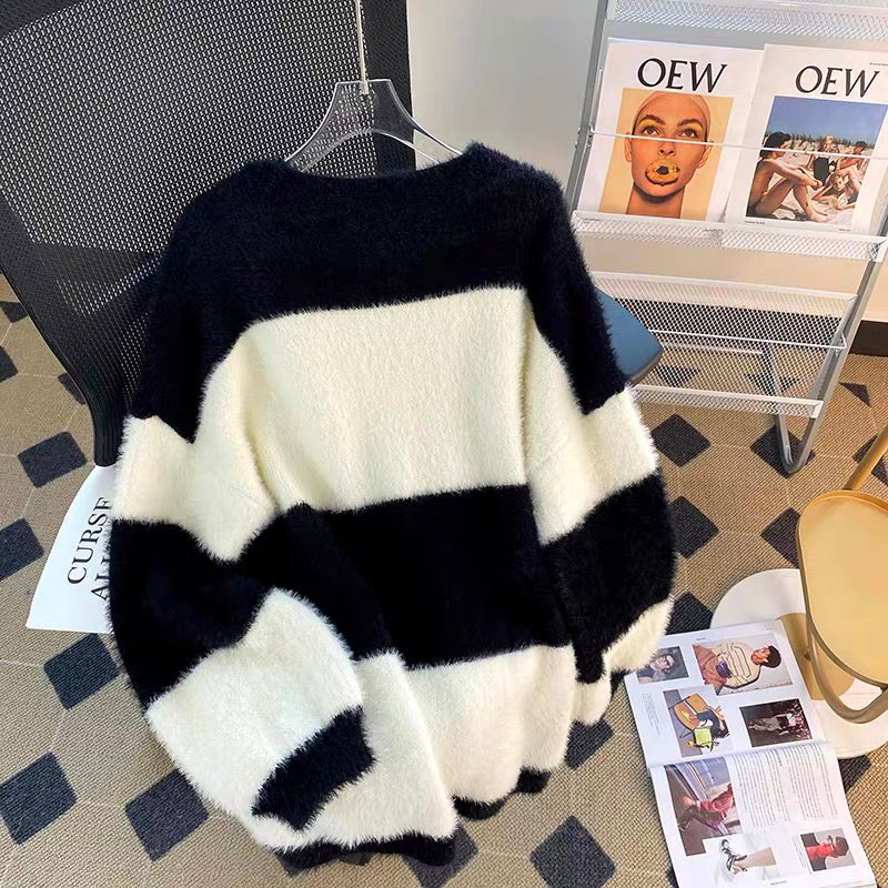 Lazy style plush striped sweater cardigan women's autumn and winter top thickened gentle wind soft waxy sweater jacket