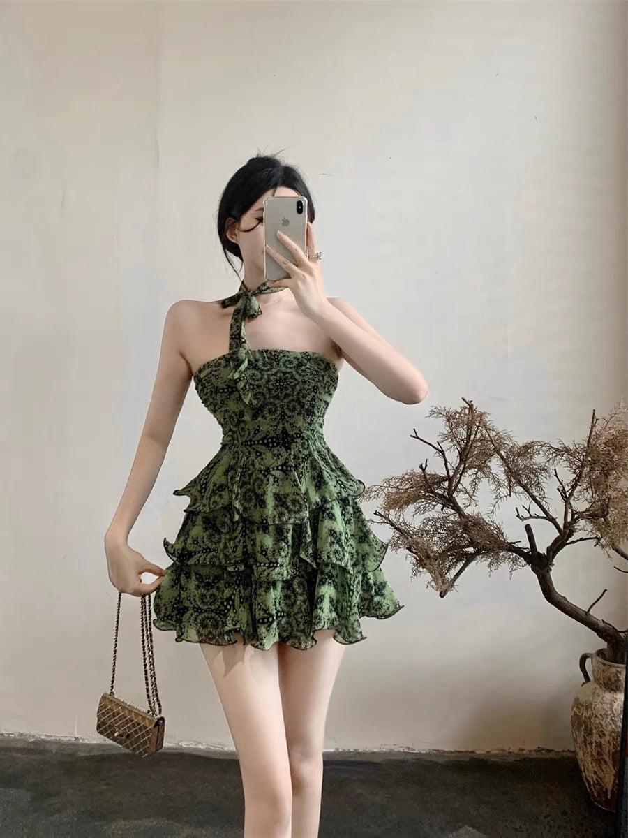 French tie halter neck floral sling dress female summer cake tutu skir –  Lee Nhi Boutique