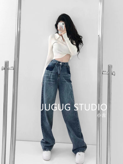 Hong Kong-style retro design high-waisted jeans women's spring and autumn look thin loose loose wide-leg straight-leg mopping trousers