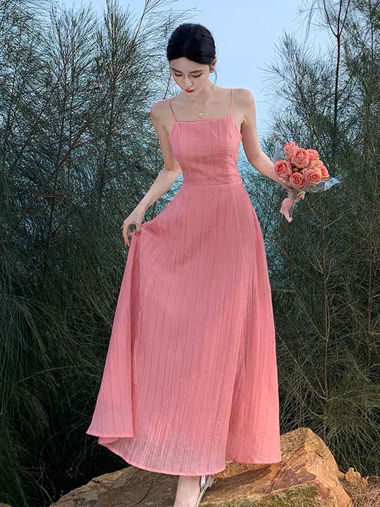 French pink high-end sexy backless suspender dress female summer fairy temperament seaside holiday princess long skirt