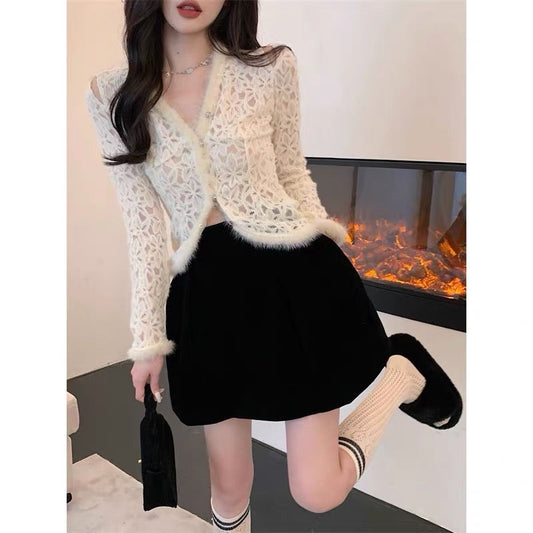 French lace hollow v-neck bottoming cardigan women's autumn and winter foreign style beautiful unique chic top design sense niche