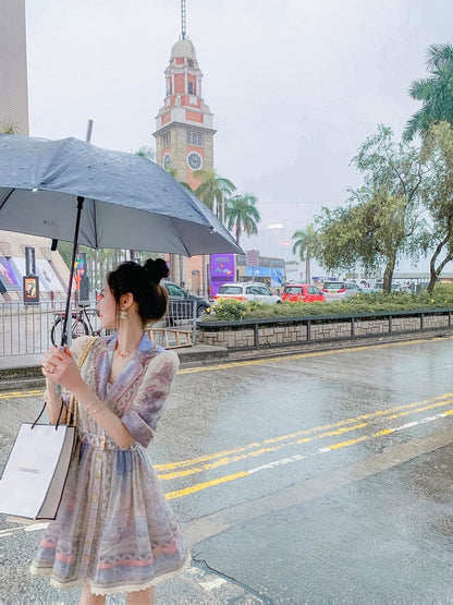 Fish Rabbit Rabbit Long-sleeved Dress Female Retro Romantic High-end Exquisite Temperament Printed Puff Sleeve A-line Dress