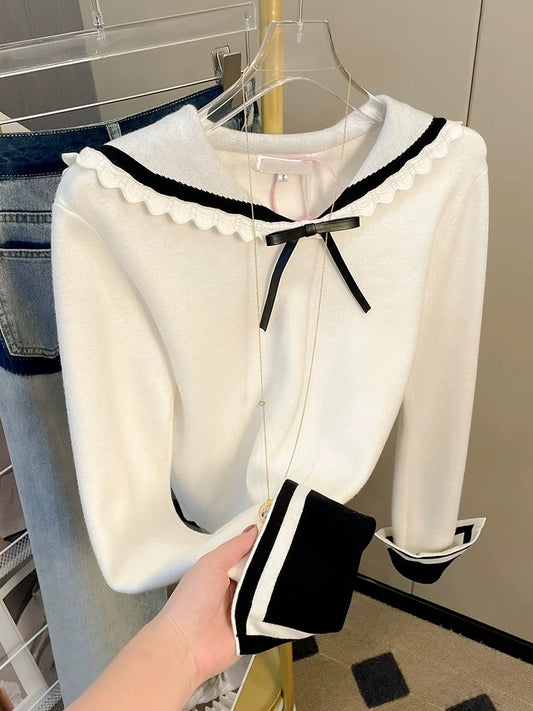 French ballet style bow sweet sweater for women, chic short navy collar contrasting color long-sleeved top for autumn new style T9893