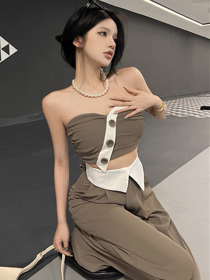 Hot girl suit female summer pure desire sexy short tube top suspender top + casual wide-leg pants fried street two-piece set