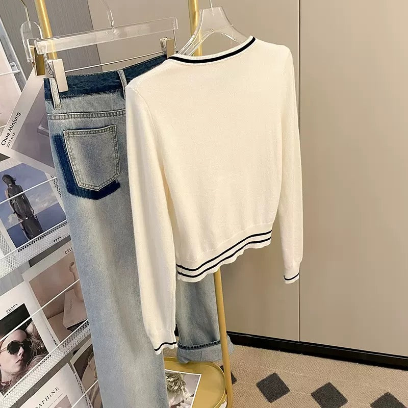 Designed college style bow long-sleeved knitted cardigan top autumn new temperament round neck sweater jacket for women T9895