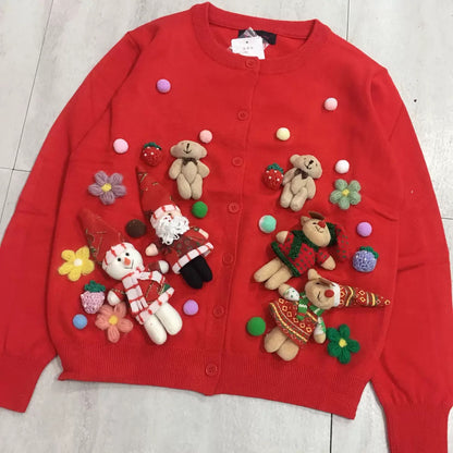 zodiac year 3D three-dimensional Santa Claus elk snowman doll forest sweater female super fairy retro red day cardigan