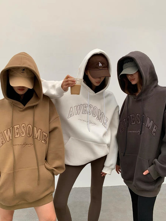 Zhou Miao ZHOUMIAO320G terry material embroidered letters hooded sweatshirt women's loose off-shoulder long-sleeved pullover top (T0926)