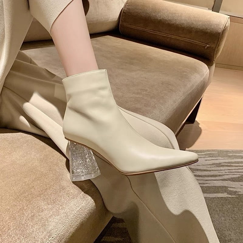 Full leather INS super fairy crystal high-heeled women's short boots pointed toe beige short boots leather high-quality ankle boots gentle wind