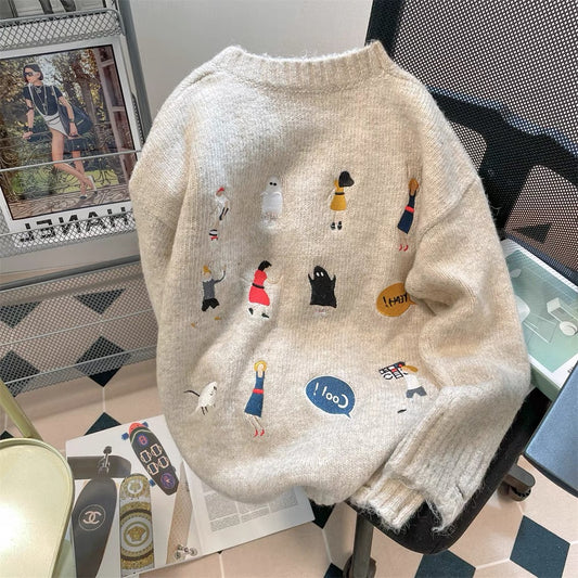 American lazy chic Hong Kong style retro cartoon soft waxy sweater for men and women autumn and winter design street-blasting couple sweater