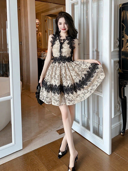 French high-end unique and beautiful lace dress elegant temperament goddess fan waist sleeveless V-neck princess dress