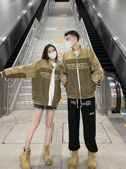 Autumn and winter brown suede jacket men's trendy brand retro design embroidery loose couple outfit baseball jacket spring