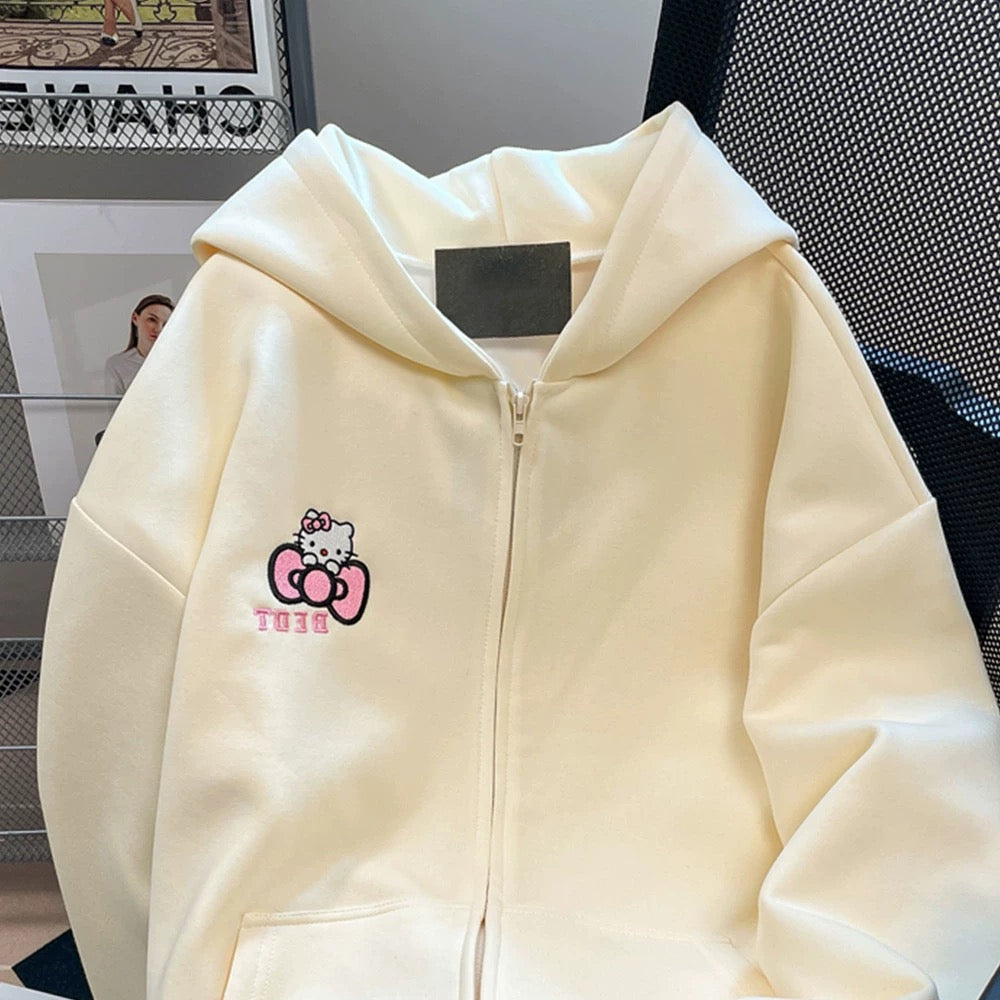 Sweet and cute Hello Kitty sweater cardigan spring and autumn lazy style small age-reducing fashionable hooded jacket