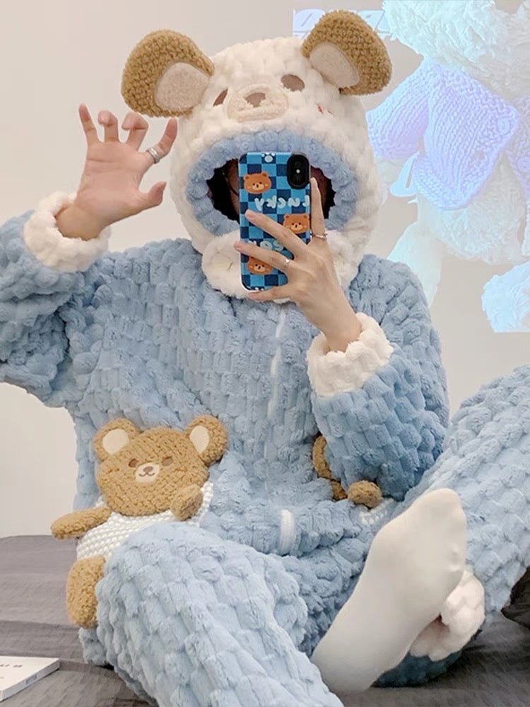 Coral velvet pajamas winter female cartoon bear Internet celebrity style autumn and winter style plus velvet thickened flannel with hood can be worn outside
