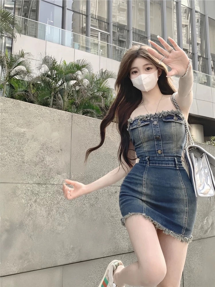 Hot girl design sense waist tube top raw edge denim dress temperament retro sexy bag hip short skirt women summer