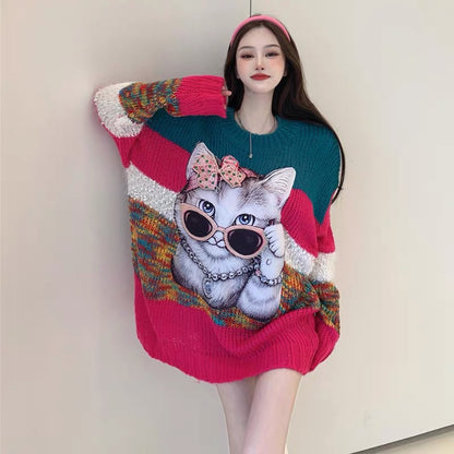 European long-sleeved sweater for women, thickened new style, loose Korean version, heavy industry cat print, mid-length large size sweater T3440