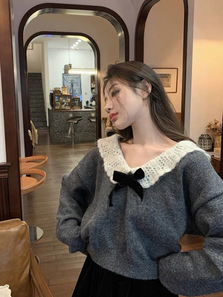 Large size sweet gray lace stitching bow doll collar sweater for women autumn and winter 2023 new long-sleeved coat trendy