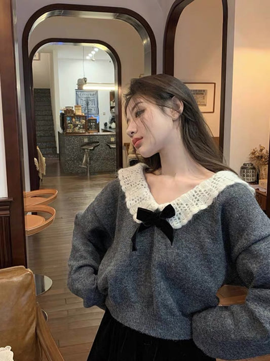 Large size sweet gray lace stitching bow doll collar sweater for women autumn and winter 2023 new long-sleeved coat trendy