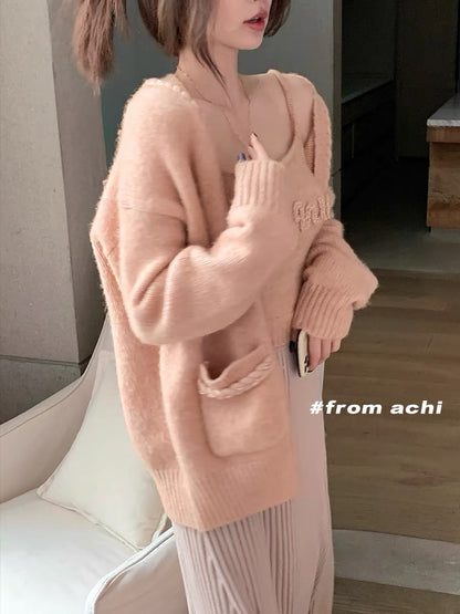 ACHI Dayeike coffee color sweater single-breasted long-sleeved cardigan loose twist sweater pocket mid-length coat