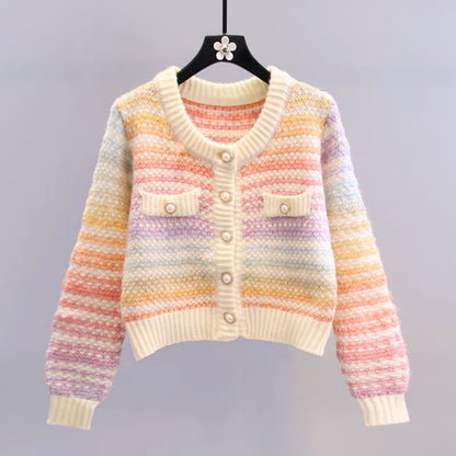 Japanese small fresh rainbow sweater jacket women 2023 autumn and winter new fashion foreign style age-reducing short knitted cardigan