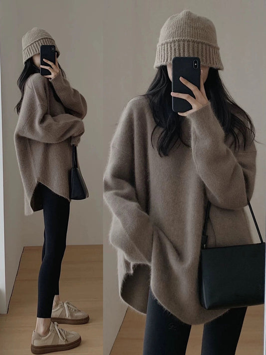 Raccoon velvet pullover sweater for women autumn and winter outer wear mid-length Japanese style lazy retro split knitted sweater winter thickening