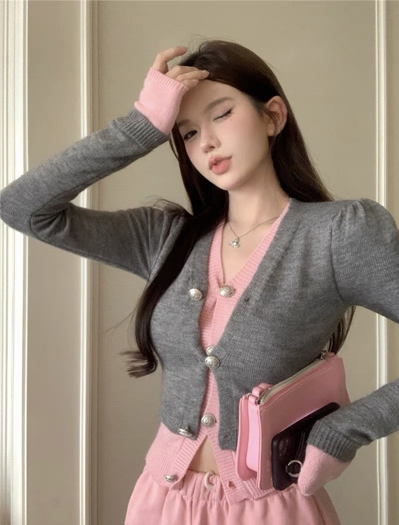 Fake two-piece contrasting color stitching V-neck sweater for women spring sexy short top chic long-sleeved sweater cardigan