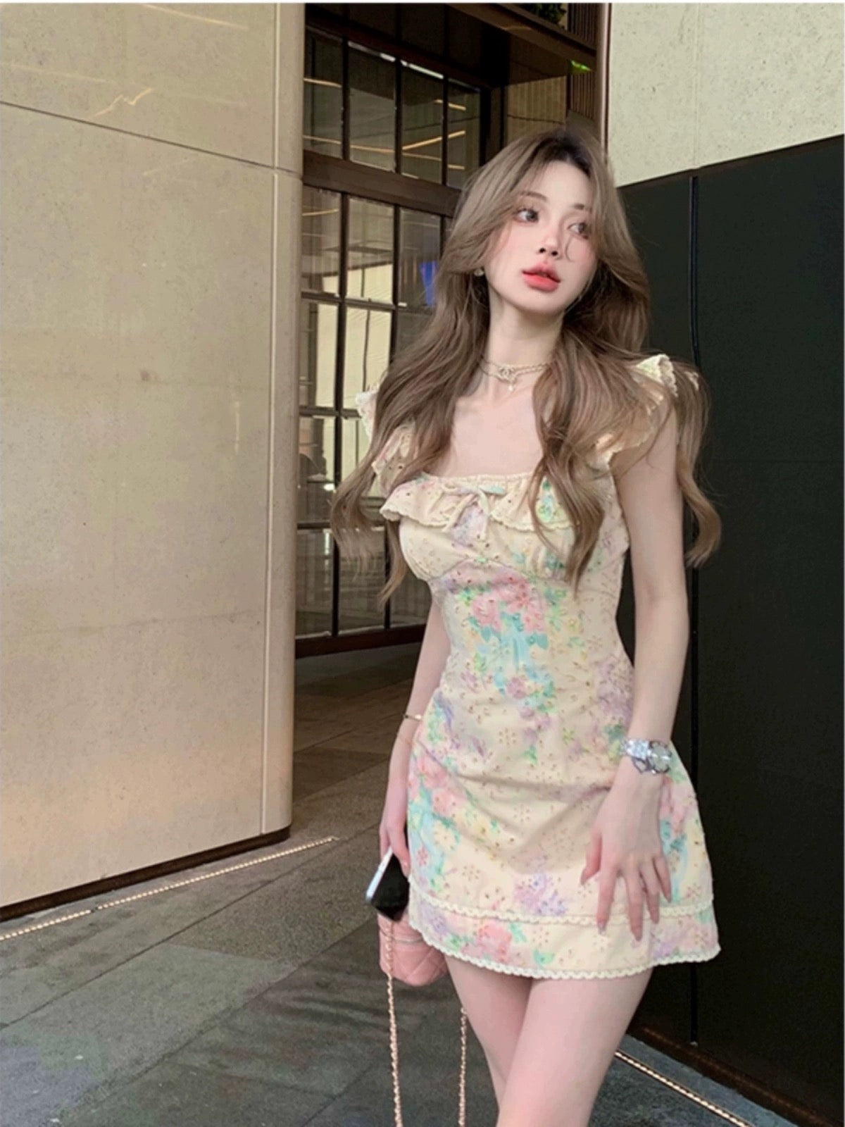 Sansanjia New Bow Feifei Sleeves Square Neck A-Line Dress Summer Sleeveless Short Skirt Women's Skirt 2023