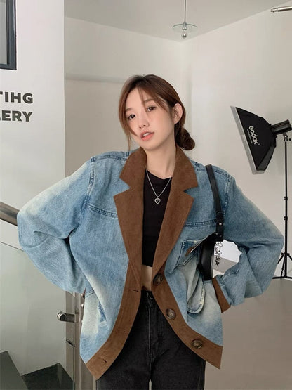 American retro corduroy stitching suit denim jacket female spring and autumn high-quality loose bf lazy silhouette top