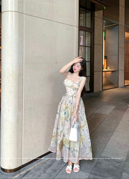 Pure desire floral square collar suspender dress female summer seaside vacation skirt three-dimensional flower waist temperament long skirt