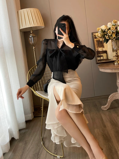 Satin high-quality long-sleeved shirt black 2023 autumn new women's bow-knot shirt design sense niche