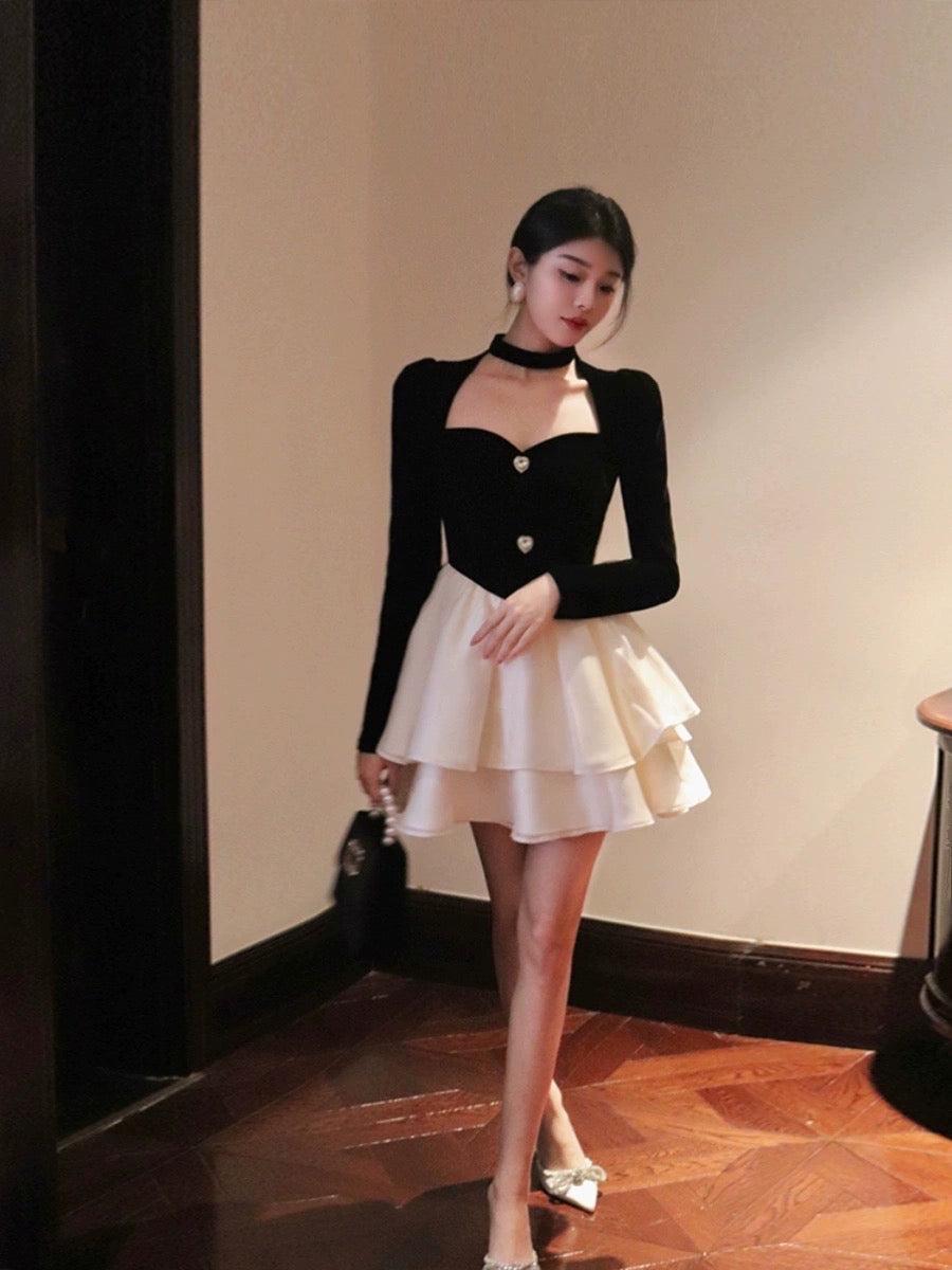 Thirteen and Little French Puff Sleeve Dress Female Autumn Velvet Stitching Cake Skirt Slim Waist Princess Petit Skirt