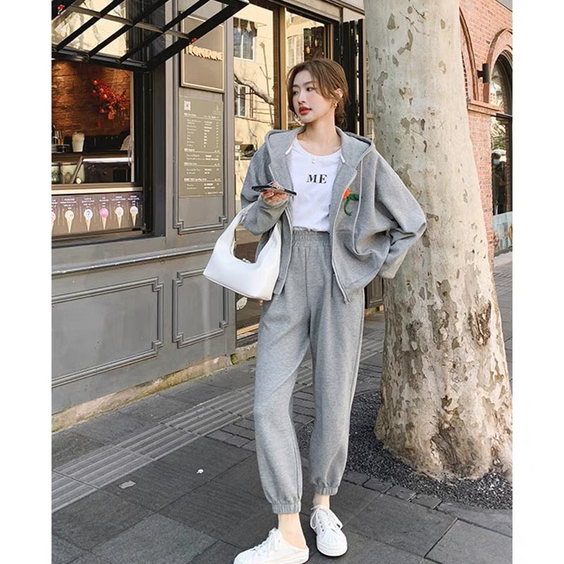 Casual sports gray hooded sweatshirt suit women s fashion 2023